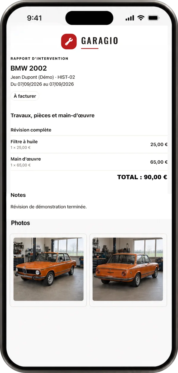 Rapport d'intervention de l'application Garagio sur iPhone : BMW 2002, filtre à huile, main-d'œuvre, total, notes et photos de la voiture.